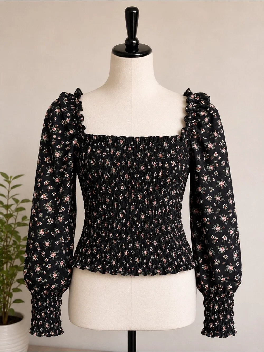 NWT Reformation Smocked Floral Long-Sleeve Top - Black